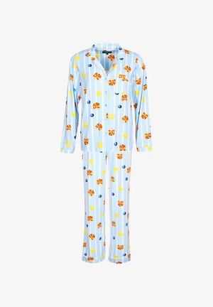 Ensemble de pyjama bleu clair avec manches longues et pantalons. Présente des imprimés ludiques de desserts et de fruits, avec des rayures verticales tout autour.