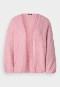 Cardigan rosa realizzato in materiale morbido e peloso. Presenta una vestibilità ampia, apertura frontale e maniche arrotondate. Motivo a maglia testurizzato su tutta la superficie.