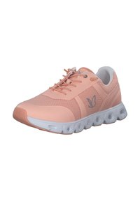 Scarpe da ginnastica rosa chiaro con tomaia in rete, dettagli bianchi, allacciatura strutturata e una suola esagonale distintiva. Logo a forma di farfalla sul lato.