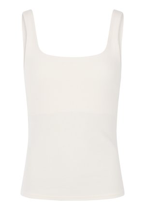 Weißes geripptes, tailliertes Tanktop mit breiten Schulterträgern und quadratischem Ausschnitt. Glatte Textur und nahtloses Design.