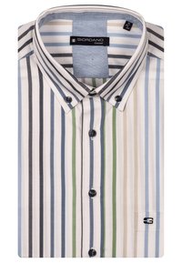 Chemise à col avec des rayures verticales de couleur bleu clair, vert, gris et crème. Elle se compose de fermetures à boutons et d'un accent de poignet avec logo.