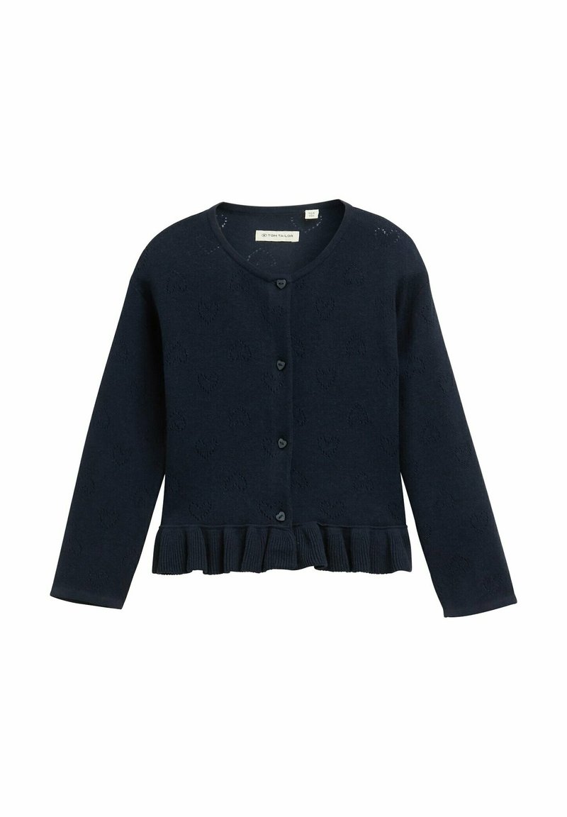 Cardigan bleu marin, realizat dintr-un material tricotat moale, cu un model in forma de inima, inchidere cu butoni si un tiv volanat pentru un plus de textura.