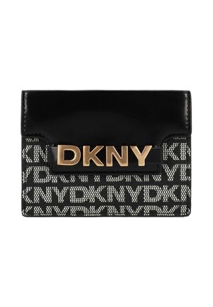 Black cardholder with a glossy finish, featuring a textured black and white patterned fabric, and a gold DKNY logo on the front.