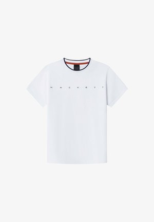 T-shirt en coton blanc à manches courtes, col rond, accents bleu marine et rouge sur le col, avec "HACKETT" imprimé en bleu marine sur la poitrine.