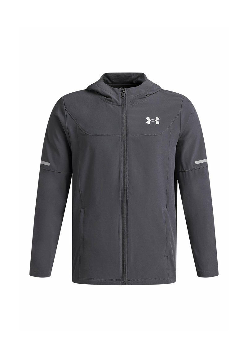 Gray zip-up jacket with a hood, made of smooth fabric. Features reflective accents, side pockets, and a logo on the chest.