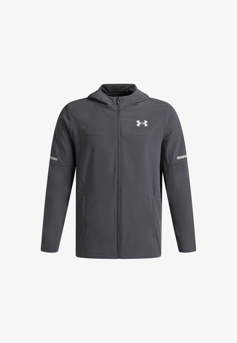 Gray zip-up jacket with a hood, made of smooth fabric. Features reflective accents, side pockets, and a logo on the chest.