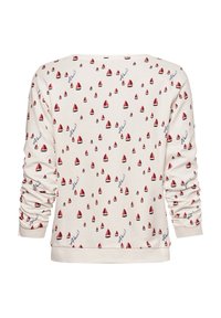 Long-sleeve sweatshirt in cream fabric, featuring a pattern of small red and navy sailboats with black accents and "Ahoy!" text.