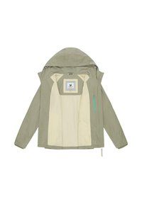 Giacca con cappuccio verde oliva chiaro con fodera interna crema, cerniera frontale e tasca sul petto con cerniera turchese, distesa con la parte anteriore aperta.