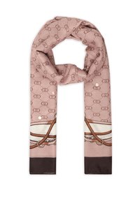 Sciarpa rosa realizzata in tessuto morbido, con un motivo logo su tutta la superficie e un dettagliato design equestre in marrone e crema nella parte inferiore.