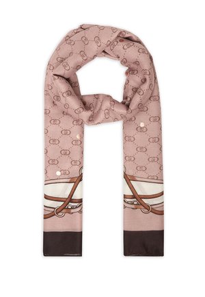 Sciarpa rosa realizzata in tessuto morbido, con un motivo logo su tutta la superficie e un dettagliato design equestre in marrone e crema nella parte inferiore.