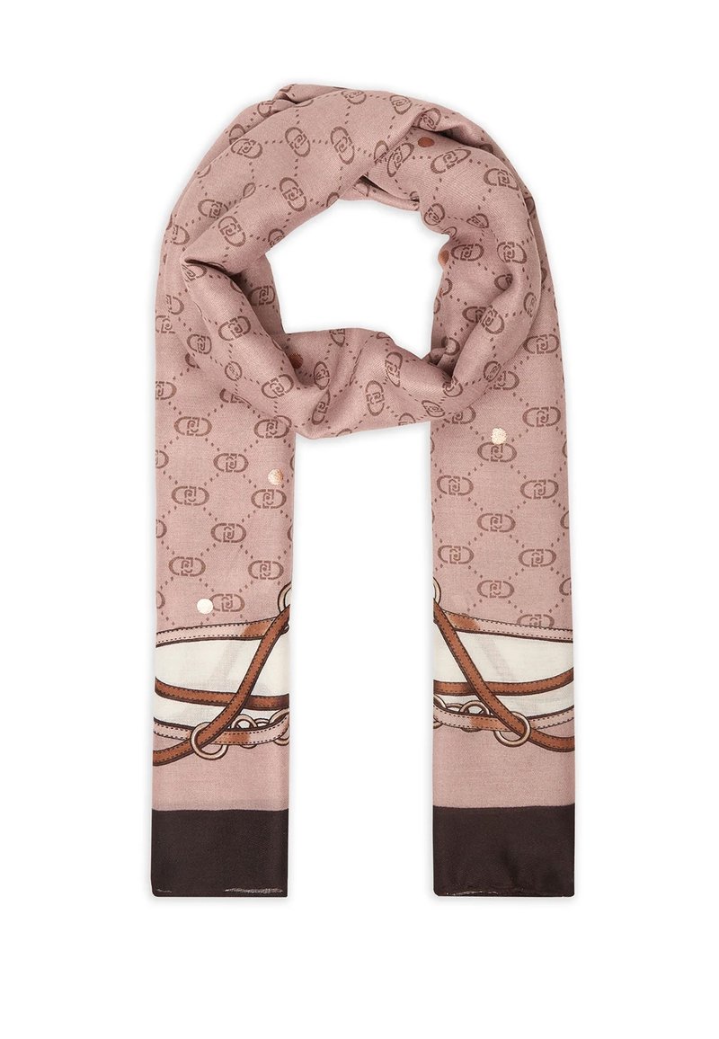 Sciarpa rosa realizzata in tessuto morbido, con un motivo logo su tutta la superficie e un dettagliato design equestre in marrone e crema nella parte inferiore.