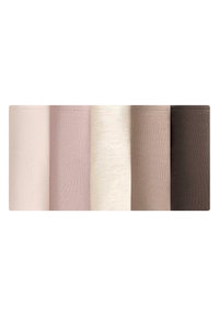 Päť rolí látky v rôznych odtieňoch: svetloružová, tlmená ružová, krémová, taupe a tmavo hnedá; hladký povrch, pevné pletenie, bez vzorov.