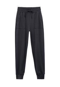 Sorte joggingbukser lavet af blødt, strækbart stof. Har en elastisk talje med snøre, sidelommer og tapered manchetter.