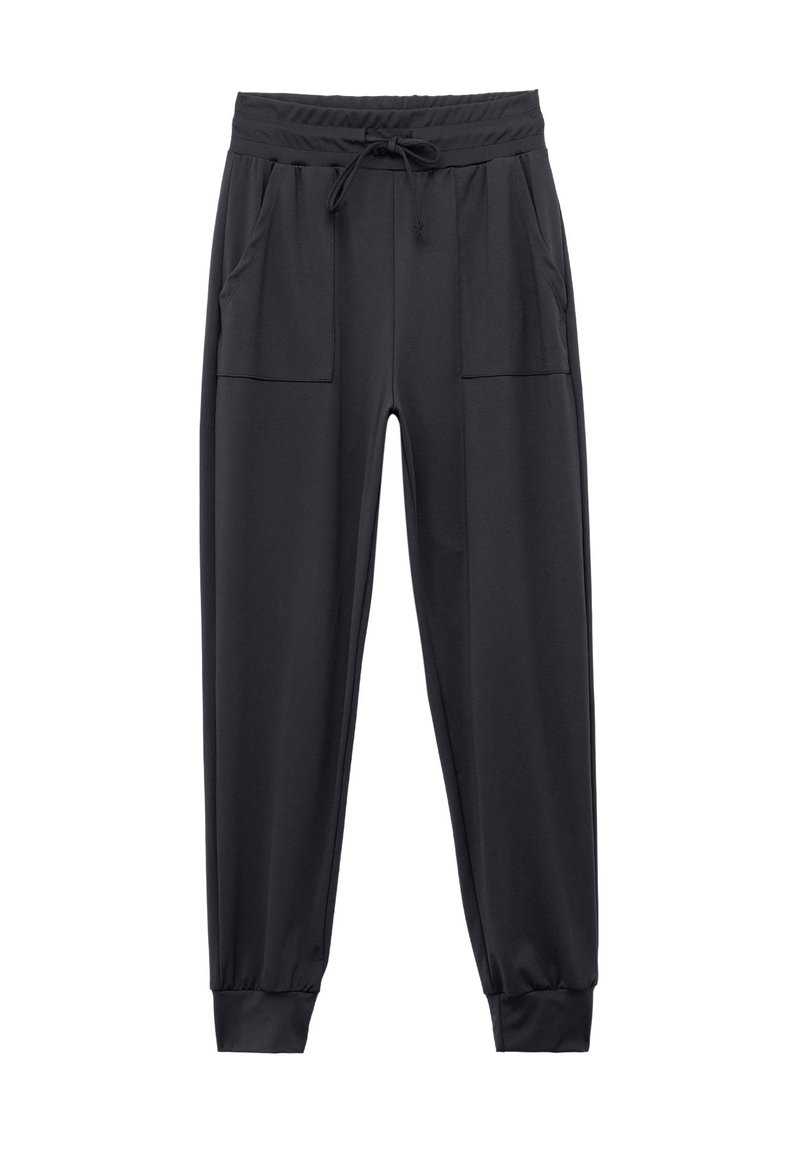 Sorte joggingbukser lavet af blødt, strækbart stof. Har en elastisk talje med snøre, sidelommer og tapered manchetter.
