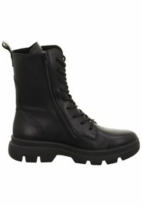 Černá kožená ankle bota s předními šněrováním, bočním zipem, robustní gumovou podrážkou a hladkým povrchem. Obsahuje poutko na zadní straně.