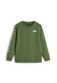 Felpa verde con scollatura rotonda, maniche lunghe e logo Vans bianco sul petto. Presenta un motivo a scacchi bianchi sulle maniche.