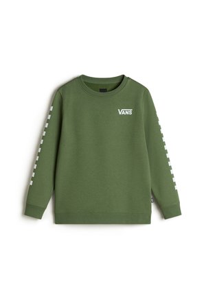 Grüne Sweatshirt mit Rundhalsausschnitt, langen Ärmeln und weißem Vans-Logo auf der Brust. Mit einem weißen Schachbrettmuster an den Ärmeln.
