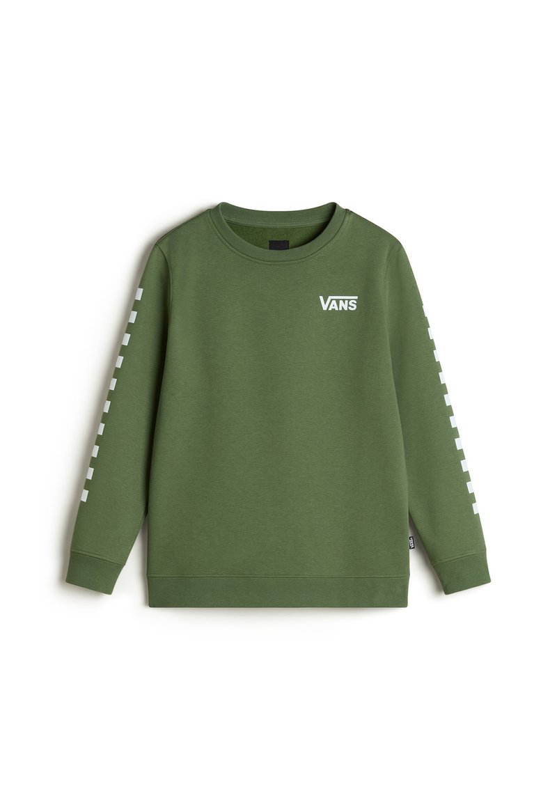 Felpa verde con scollatura rotonda, maniche lunghe e logo Vans bianco sul petto. Presenta un motivo a scacchi bianchi sulle maniche.