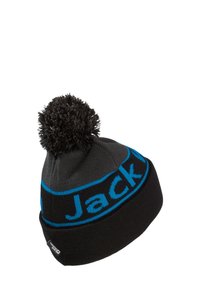 Beanie in maglia nera con una fascia blu che presenta la parola "Jack". Parte superiore decorata con un pompon nero. Texture morbida, design aderente.