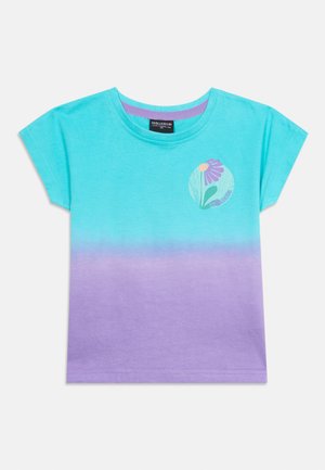 Short-sleeve toddler t-shirt with turquoise top half, lavender bottom half, and small purple flower graphic near left shoulder.