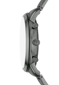 Men’s wristwatch with a silver stainless steel case, white face, three push buttons, and an embossed crown detail.