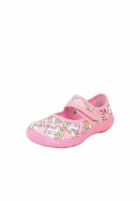 Rosa Stoffschuhe mit einem Klettverschluss, die mit einem Einhorn- und Regenbogenmotiv bedruckt sind, runde Zehenform und eine weiche strukturierte Sohle haben.
