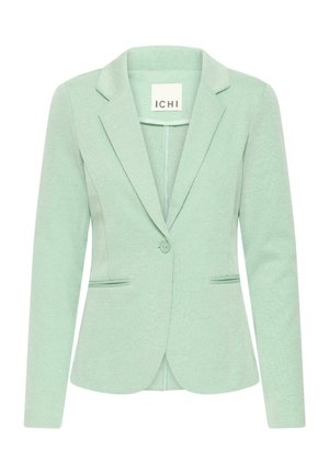 Jasnozielony, dopasowany damski żakiet z pojedynczym zapięciem na guzik, klapami z wycięciem oraz przednimi kieszeniami z rozcięciem.