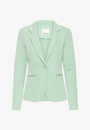 Jasnozielony, dopasowany damski żakiet z pojedynczym zapięciem na guzik, klapami z wycięciem oraz przednimi kieszeniami z rozcięciem.