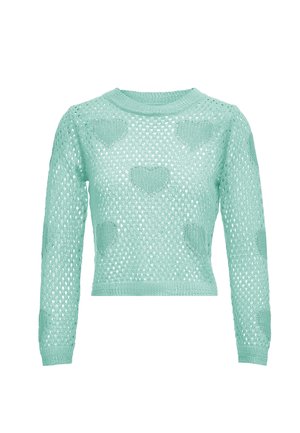 Mintgrüner Strickpullover mit langen Ärmeln, der ein offenes Gewebe und herzförmige Musterdetails aufweist. Kurz geschnittenes Design und gerippter Halsausschnitt.