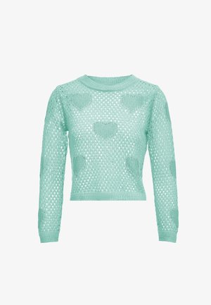 Menta zöld kötött pulóver hosszú ujjakkal, nyitott szövésű és szív alakú minták részleteivel. Rövidített fazon és bordás nyakkivágás.