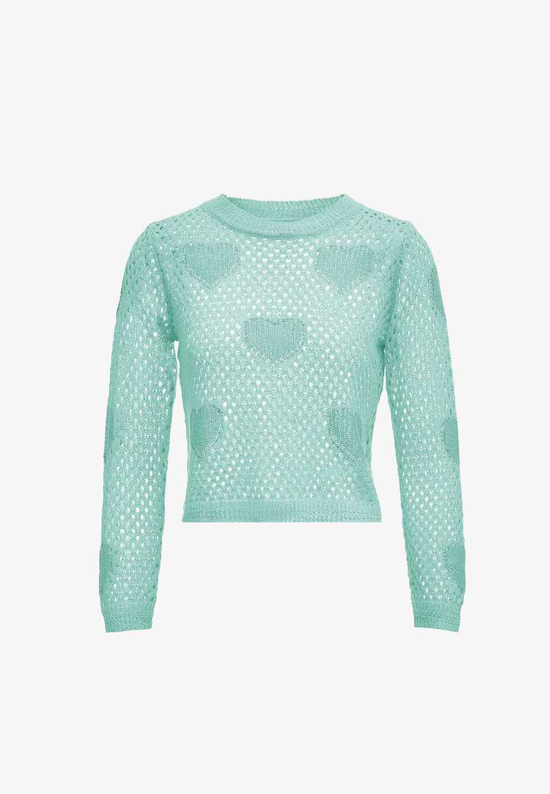 Mintgroene gebreide trui met lange mouwen, met een open weefstructuur en hartvormige patroon details door het hele ontwerp. Crop-design en ribgebreide halslijn.