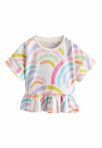 Short-sleeve T-shirt made of cotton, featuring a colorful rainbow pattern in pastel shades and a ruffled hem.
