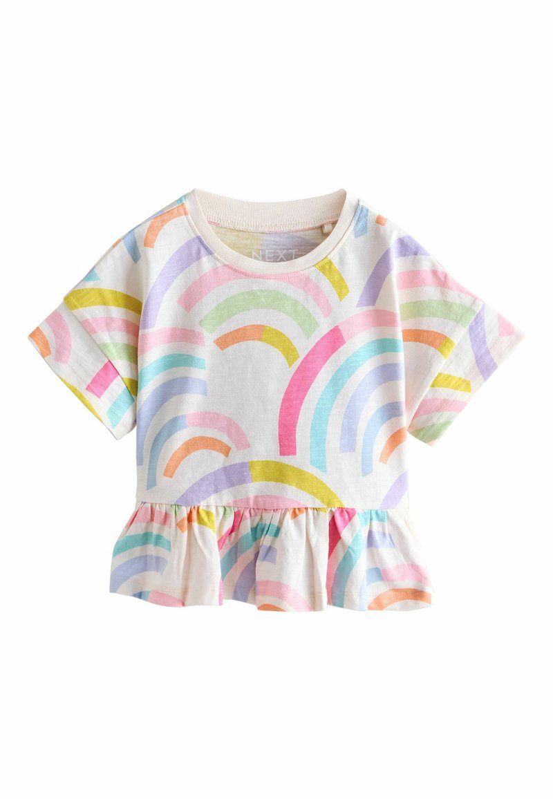 Short-sleeve T-shirt made of cotton, featuring a colorful rainbow pattern in pastel shades and a ruffled hem.