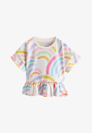 T-shirt med korte ærmer lavet af bomuld, med et farverigt regnbuemønster i pastelfarver og en flæsekant forneden.