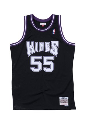 Camiseta de baloncesto negra de Sacramento Kings con el número 55, ribetes morados y blancos, logo de la NBA y parche Hardwood Classics.