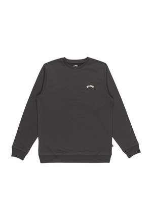Dark gray sweatshirt made of soft fabric, featuring a crew neck, long sleeves, and small white logo text on the chest.
