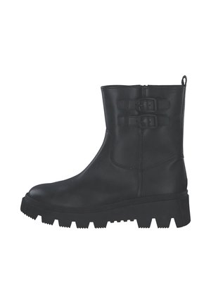 Schwarze Knöchel-Boots aus glattem Leder, mit zwei Schnallenakzenten, einem seitlichen Reißverschluss und einer robusten, dicken Gummisohle mit tiefen Profil.