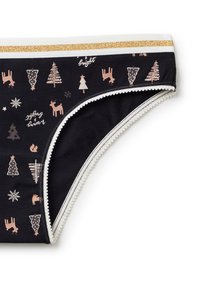 Zwarte damesondergoed met witte rand, gouden glinsterende tailleband en feestelijke print van bomen, herten, sneeuwvlokken en de woorden "bright" en "merry & bright".