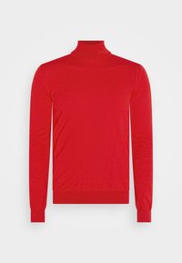 Pull-over à col roulé rouge en tissu tricoté côtelé. Comprend des manches longues et un col ajusté. Design simple, sans motifs ni accents supplémentaires.
