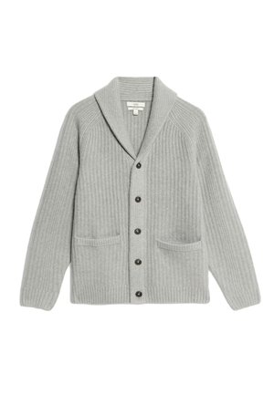 Grauer gerippter Cardigan mit Schalkragen, vorn mit Knopfverschluss und zwei vorderen Taschen. Hergestellt aus strukturiertem Strickstoff.