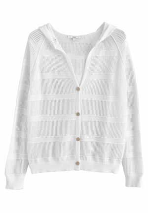 Cardigan blanc en maille avec capuche, rayures horizontales ajourées et quatre boutons beige sur le devant.