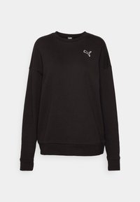 Sweat-shirt noir à manches longues avec col rond, petit logo Puma blanc sur le côté gauche de la poitrine, design épuré, coupe décontractée.