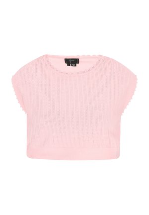 Top scurt de culoare roz deschis, realizat din material tricotat cu nervuri. Are un decolteu zimțat și mâneci scurte, largi, decorate cu mici accente texturate.