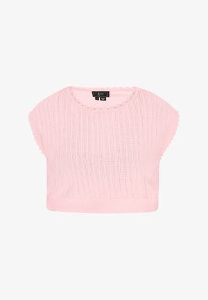 Világos rózsaszín, rövid fazonú topp, bordázott kötésből készült. Scallop fazonú nyakkivágással és rövid, széles ujjal rendelkezik, kis texturált részletekkel.