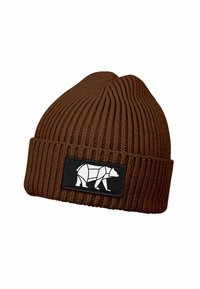 Brown ribbed knit beanie with folded cuff and black patch featuring a stylized white geometric bear design.