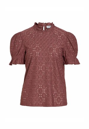 Blouse mauve à manches courtes avec manches bouffantes, motif en dentelle ajourée, col montant à volants et fermeture par boutons dans le dos.