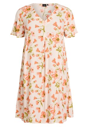 Krémové šaty s krátkymi rukávmi, výstrihom do V a ružovým a žltým kvetinovým vzorom s zelenými stonkami a listami.