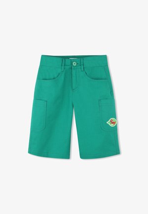 Groene shorts van katoen, met twee voorzakken, één zijzak en een logo patch aan de zijkant. Gladde structuur, rechte snit.