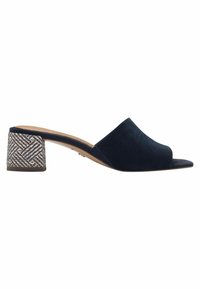 Mule din suede bleu marin, cu vârful deschis, și toc geometric țesut în bej și albastru. Design elegant, cu o textură netedă și suport pentru picior integrat.