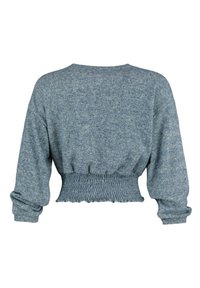 Pull court à manches longues bleu-gris avec une large ceinture élastique froncée et un tissu tricoté texturé, vu de dos.